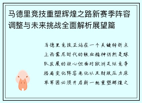 马德里竞技重塑辉煌之路新赛季阵容调整与未来挑战全面解析展望篇